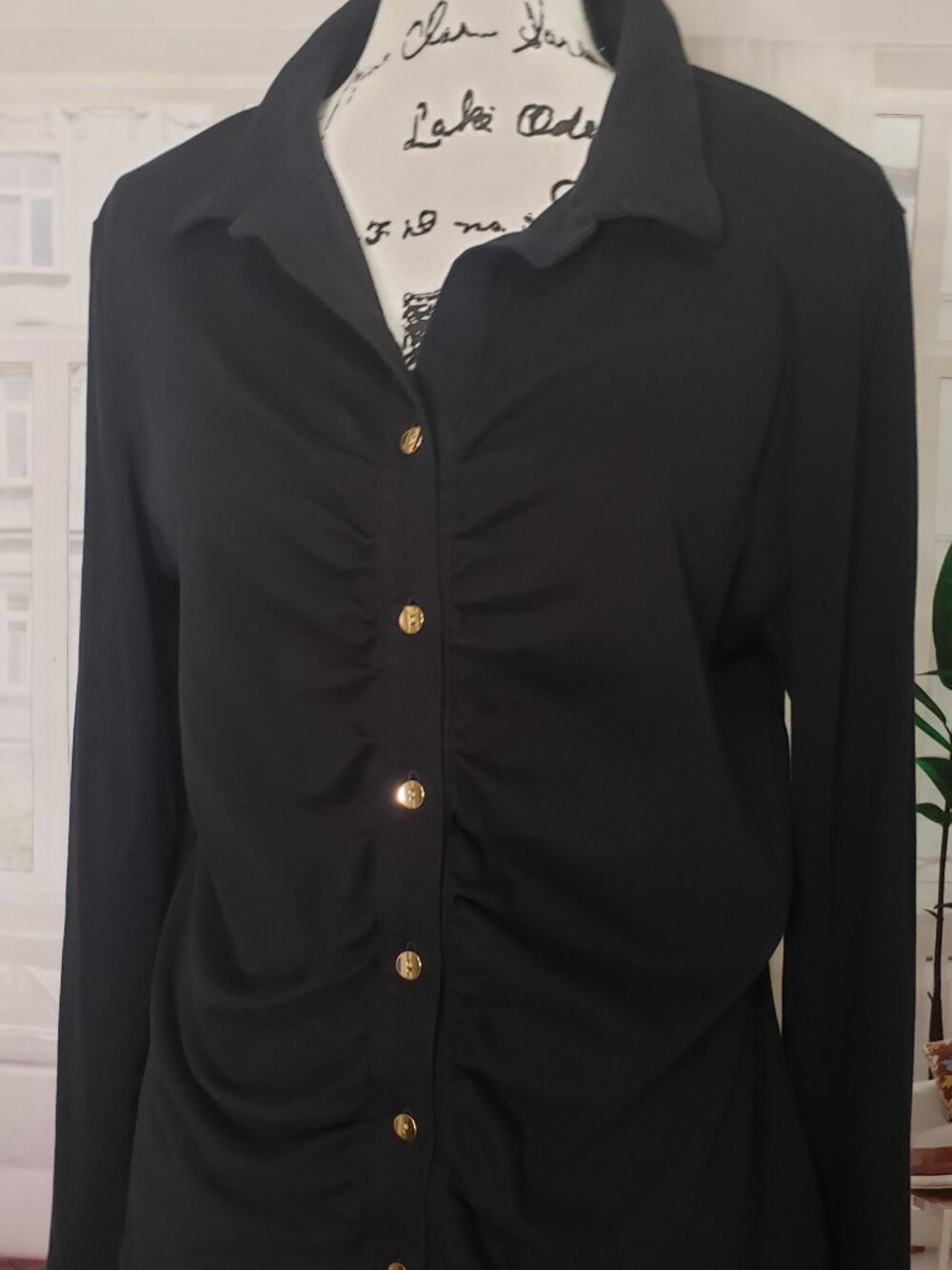 Loft, Black Ruched front button knit blouse, XL